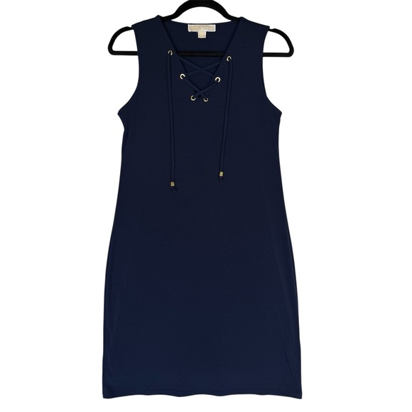 Michael Kors Dress Womens XS Navy Blue Gold Quiet Luxury Old Money Dark Romantic - Picture 1 of 9